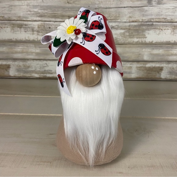Hand Crafted Other - Mushroom Gnome Ladybug Bow Daisy Whimsical Red Tan Flannel White Faux Fur Decor